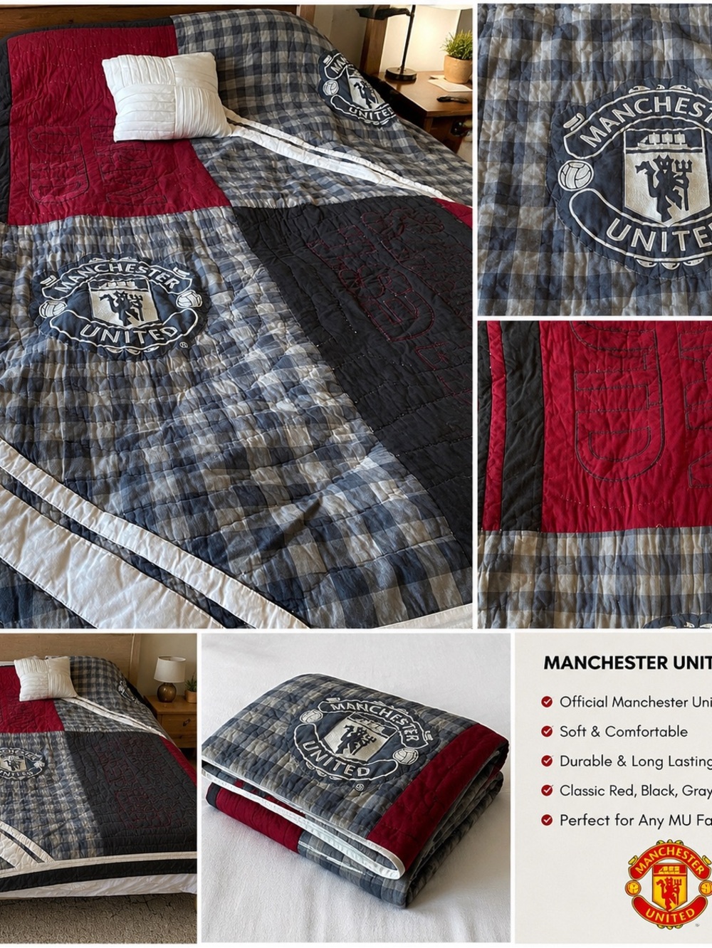 Manchester United Patchwork Quilt Red Gray Plaid Soccer Football Bedding

Manche